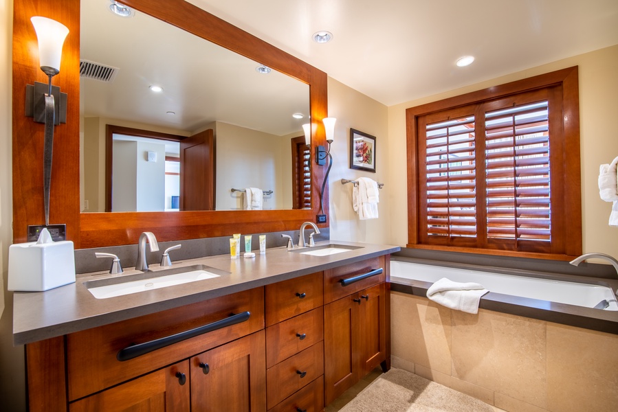 The primary guest bathroom with a luxurious soaking tub.