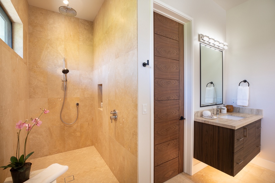 With a walk-in shower and soaking tub