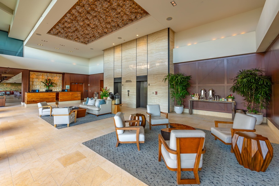 Elegant 6th floor lobby with comfortable seating and sophisticated decor, setting the tone for a luxurious experience.