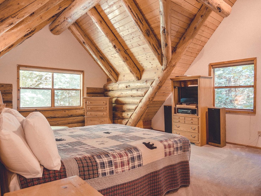 log cabin master bedrooms with fireplaces