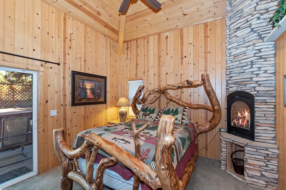 log cabin master bedrooms with fireplaces