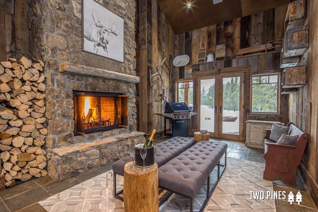 Cozy Entry Ski Room with Wood Burning Fireplace