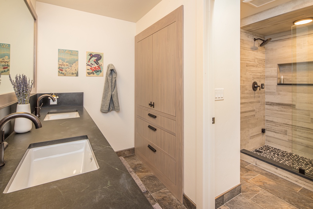 Shared Guest Bathroom with Dual Vanity & Walk-in Shower