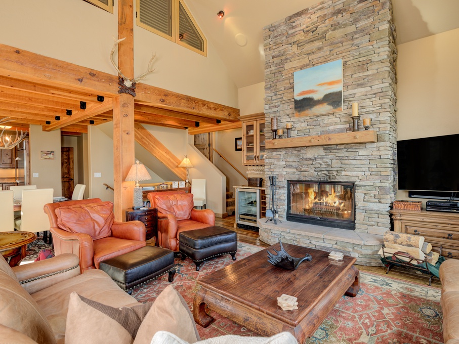 Living area with wood burning fireplace