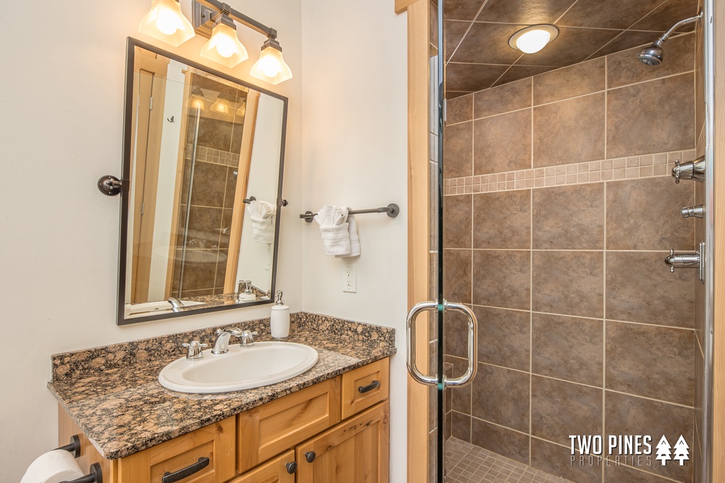Upper Bunk Room Bathroom - Single Vanity, Full Jet Soaking Tub, Walk-In Shower