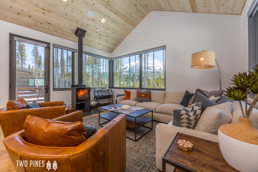 Living Room with wood burning stove and seating for many