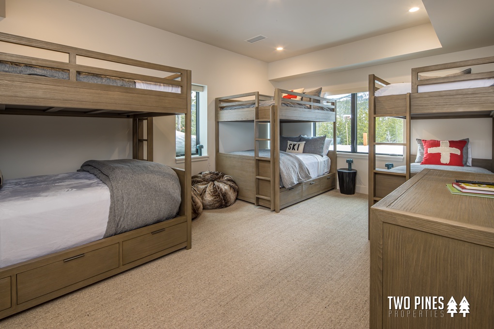 Lower Level Bunk Room with 2 Full Bunks and 1 Twin Bunk