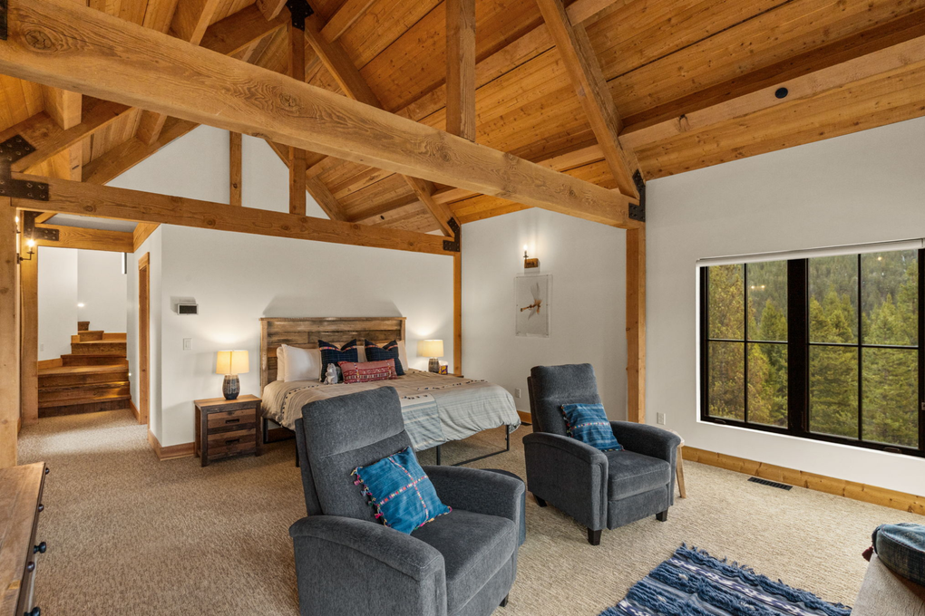 Primary Bedroom w. En-Suite Full Bath, Gas Fireplace, Office and Private Deck