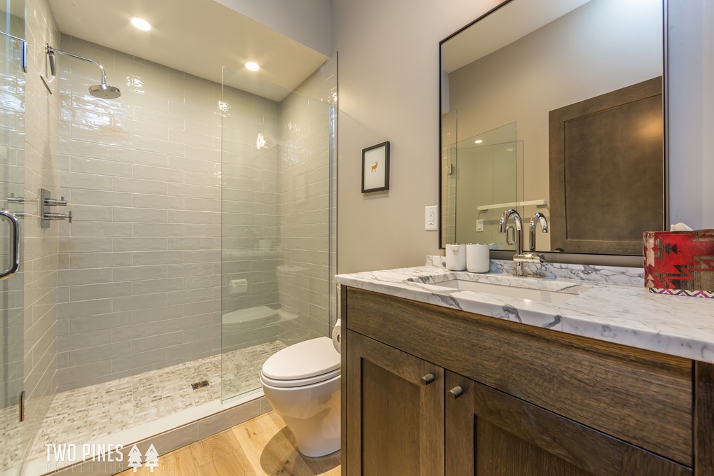 Luxurious Single Vanity with Granite Countertops and Walk-In Shower