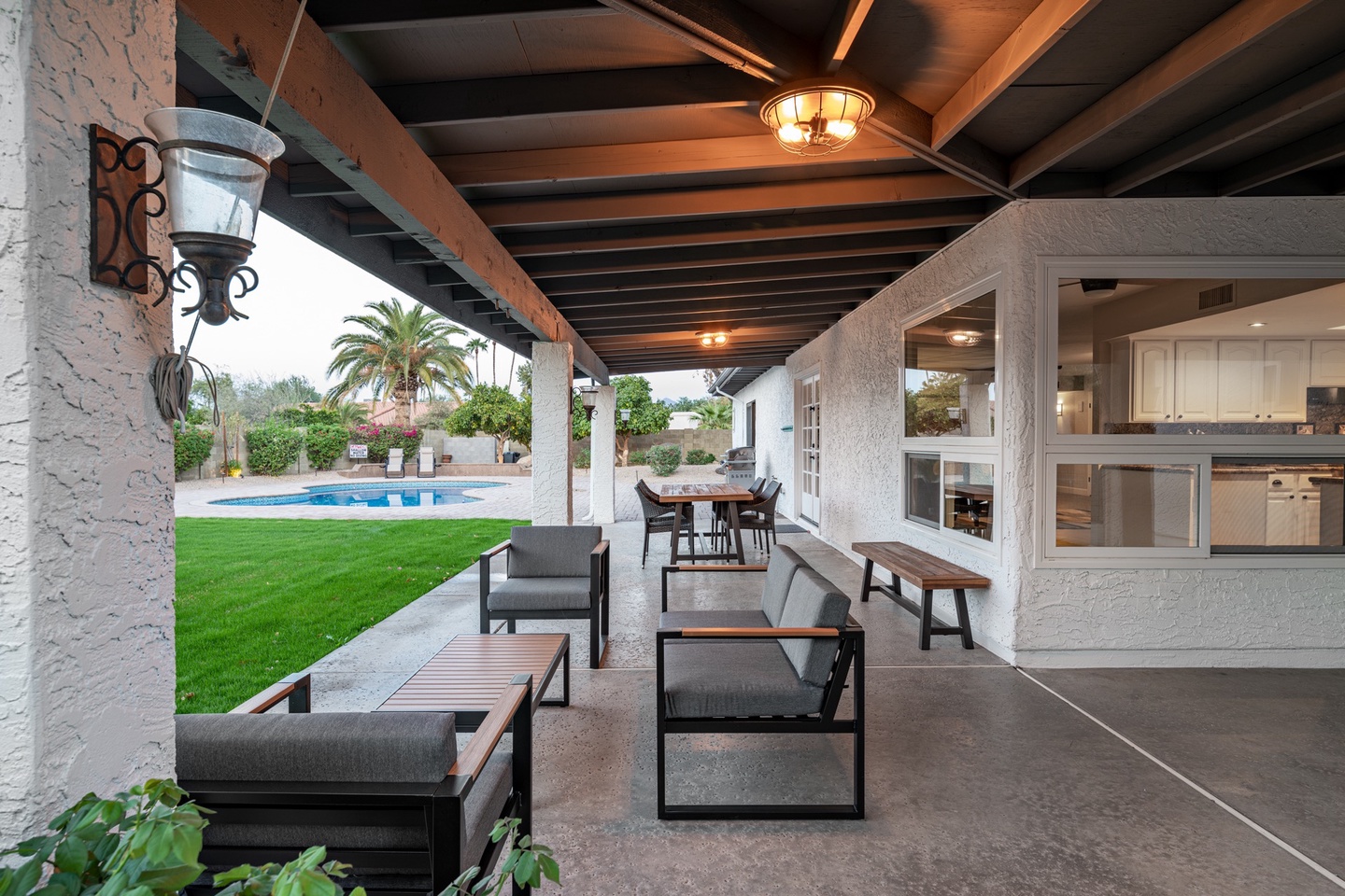 Large covered patio with tons of seating