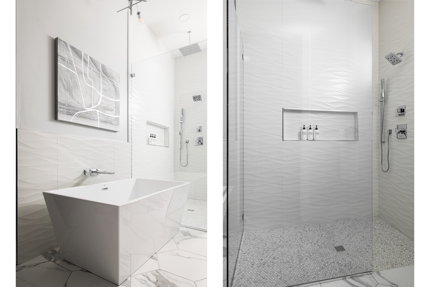 Master bathroom shower and standalone tub