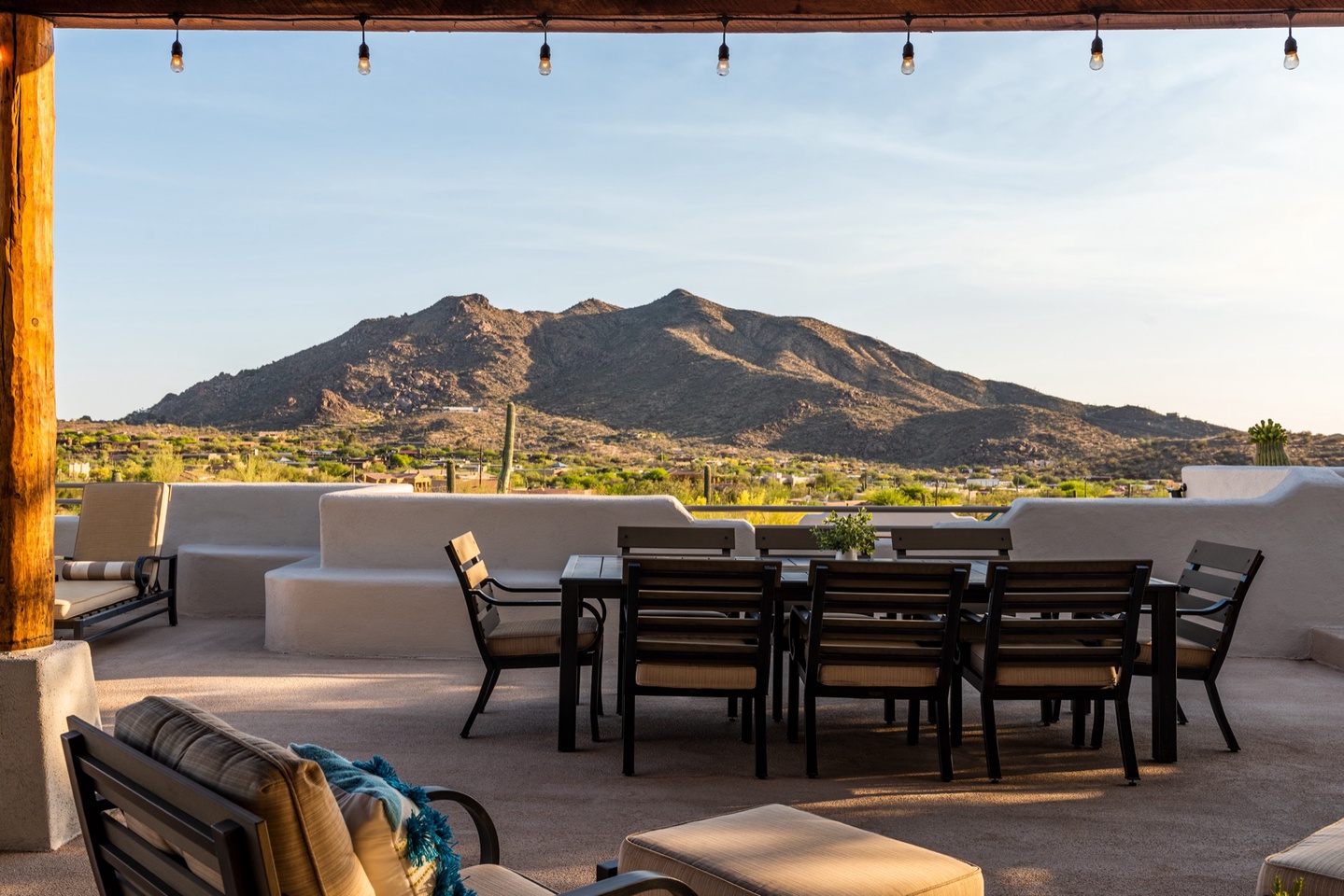 Outdoor dining with the Black Mountain back drop