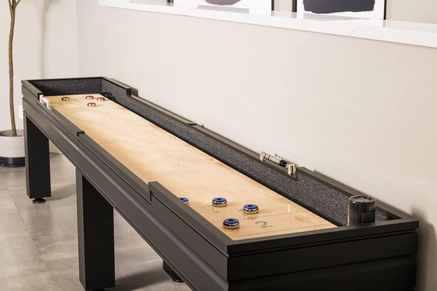 Professional grade shuffleboard table located in great room