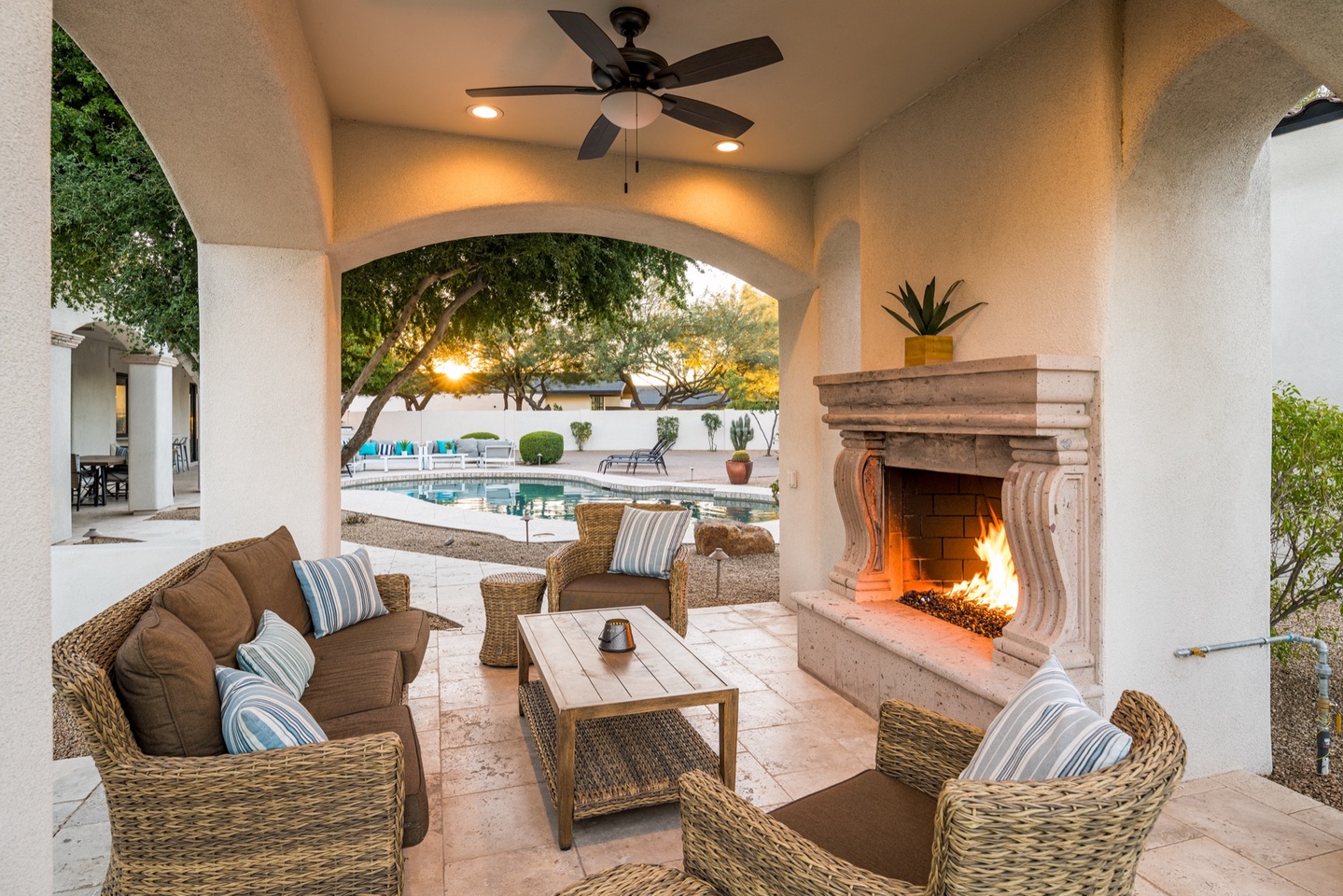Outdoor fireplace with comfortable seating