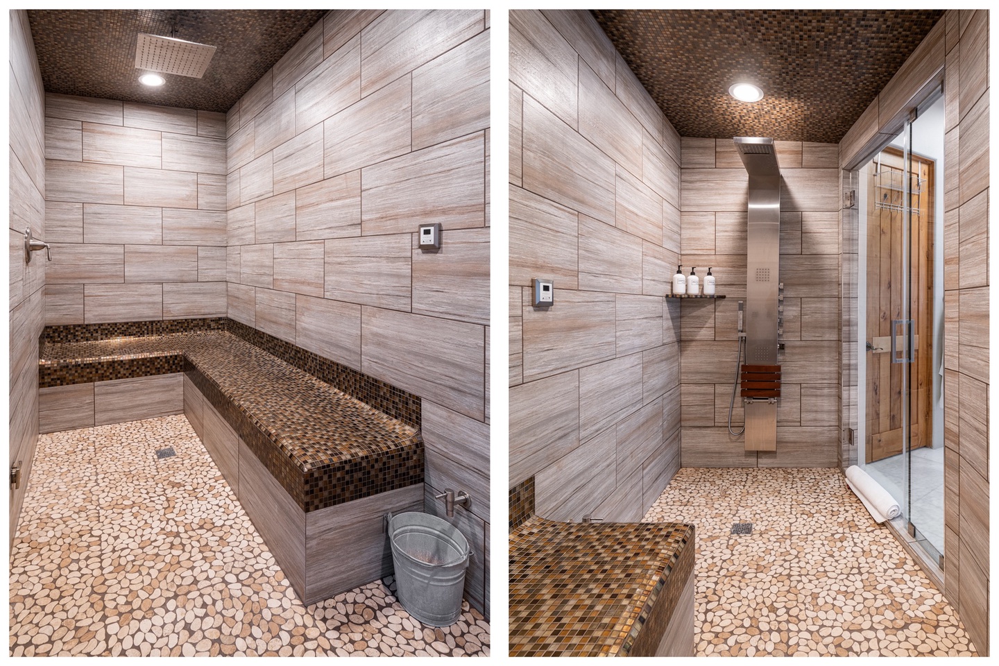 Huge steam room shower with rain fall shower heads