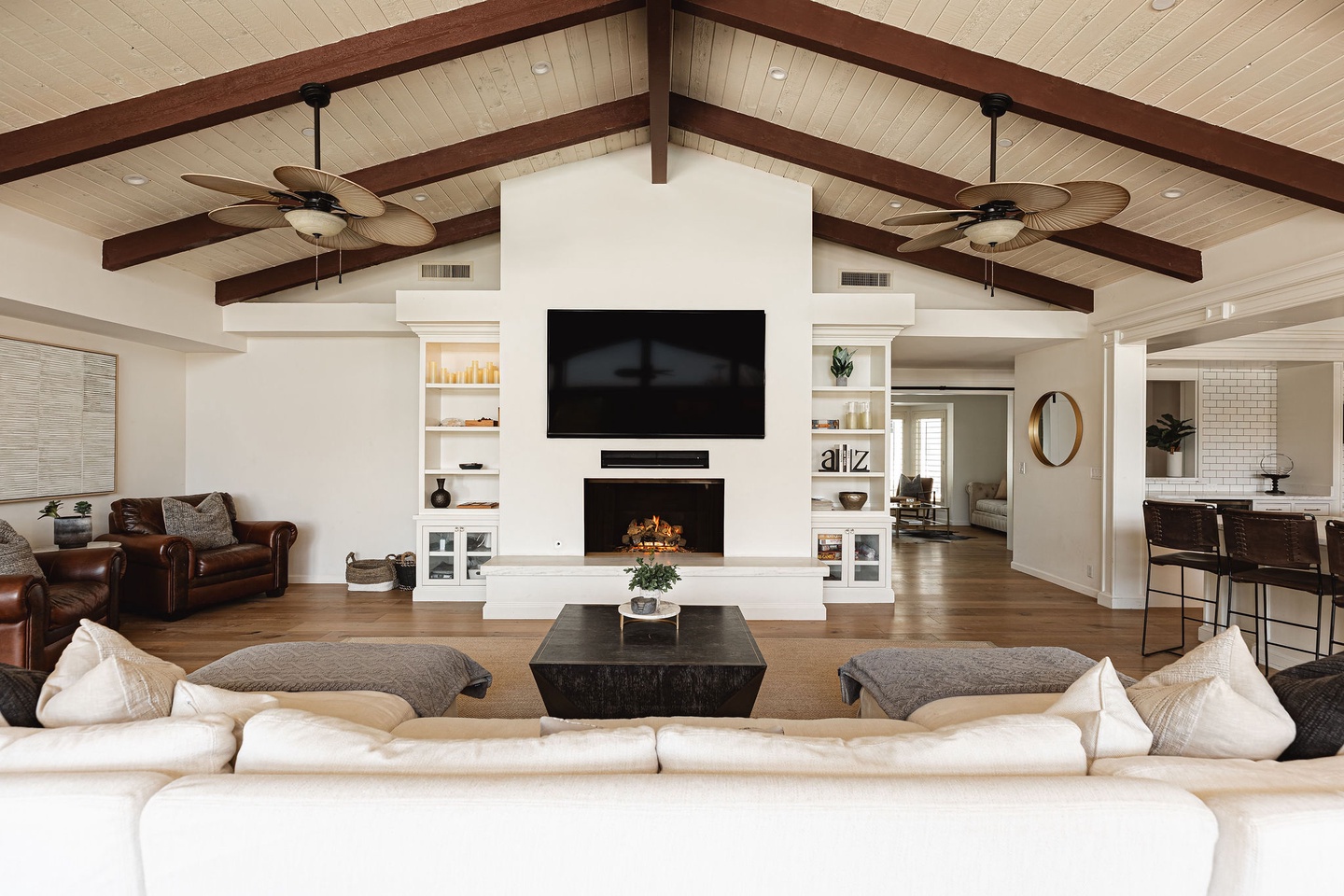 Open living room with fireplace