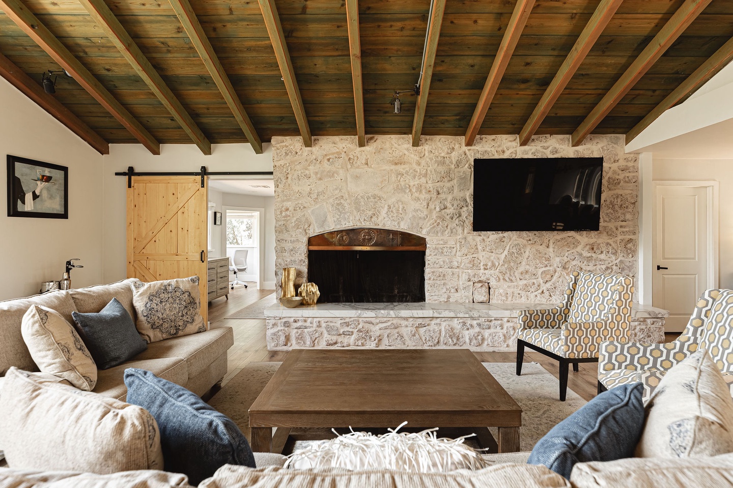 Origial stone wall with fireplace