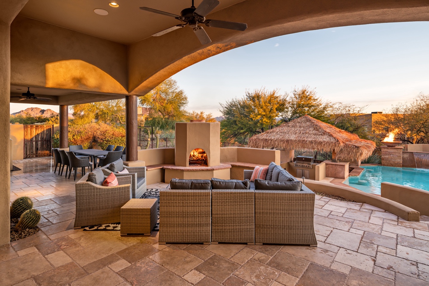 Outdoor fireplace with seating