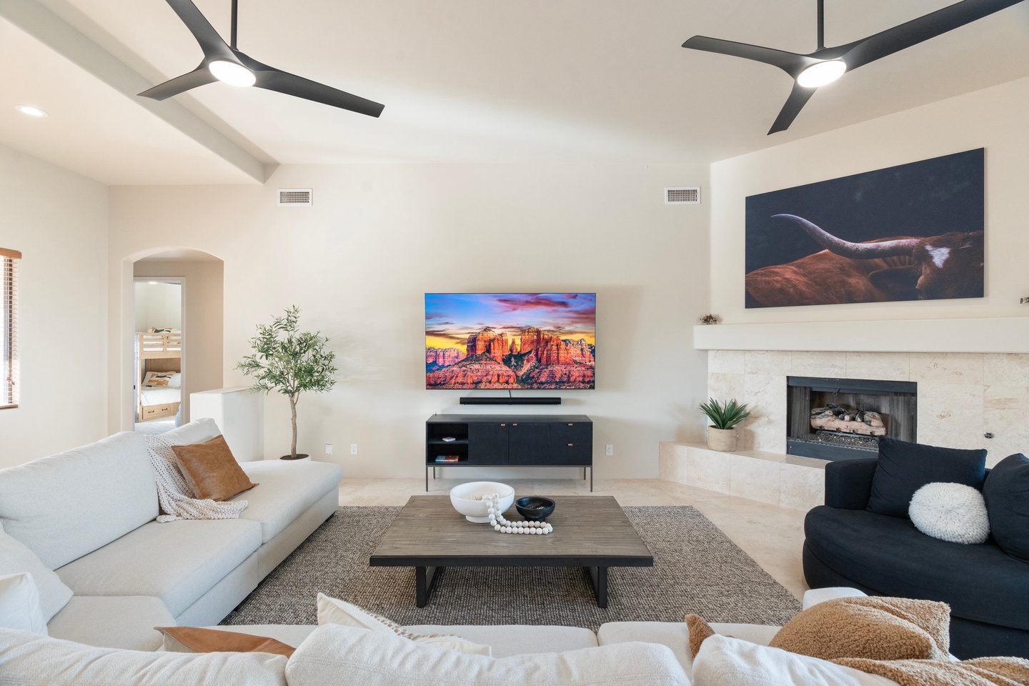 Spacious living room with fireplace