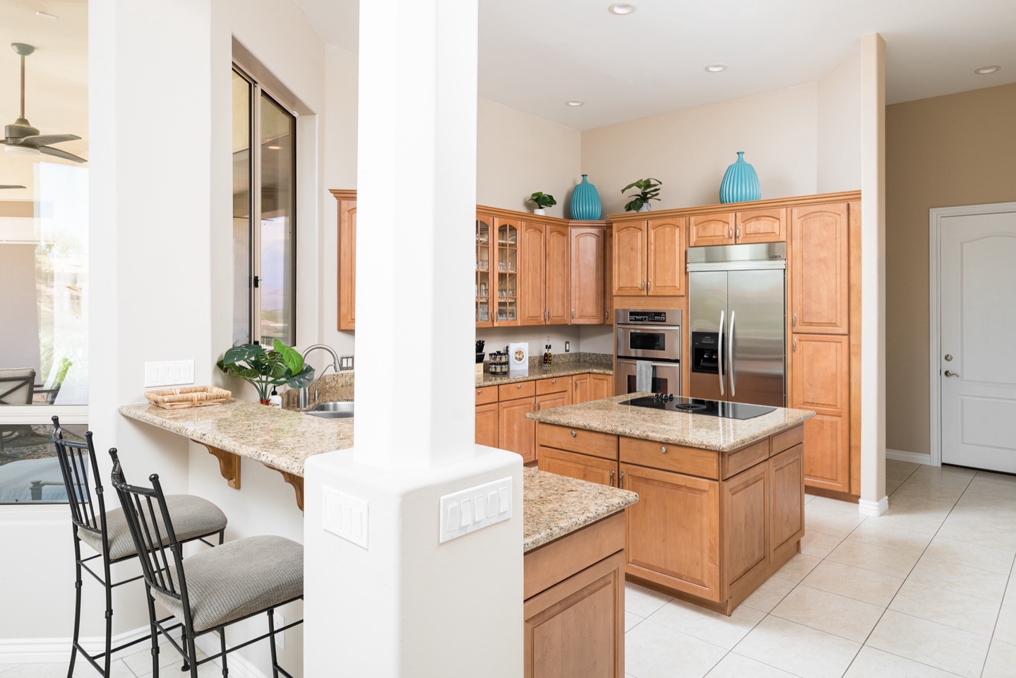 Bar seating and kitchen island