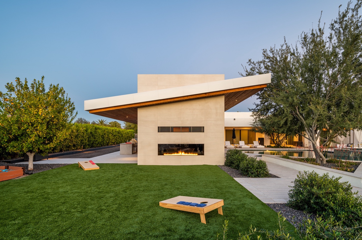 Corn hole with fireplace detail