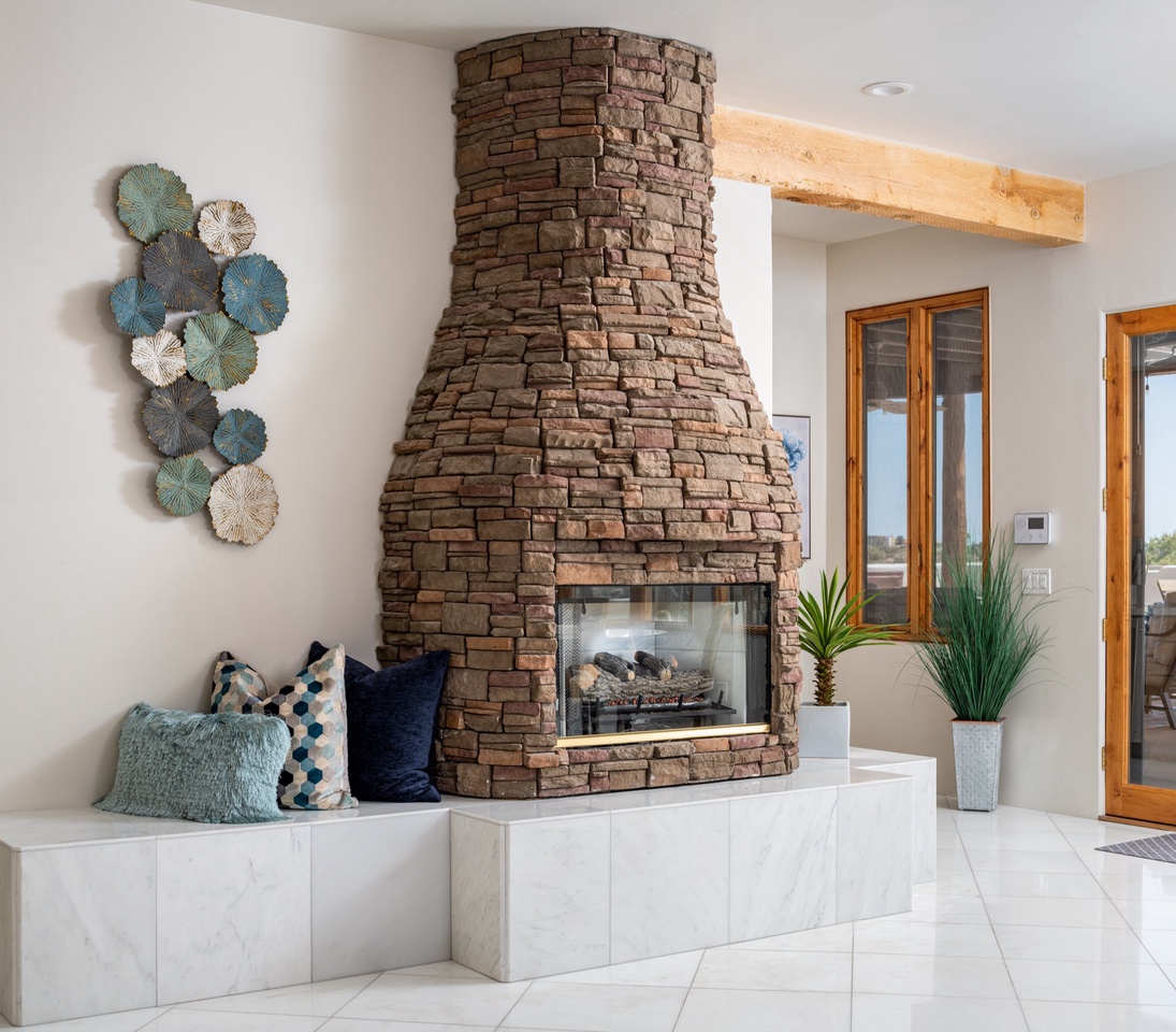 Fireplace complimenting the kitchen area