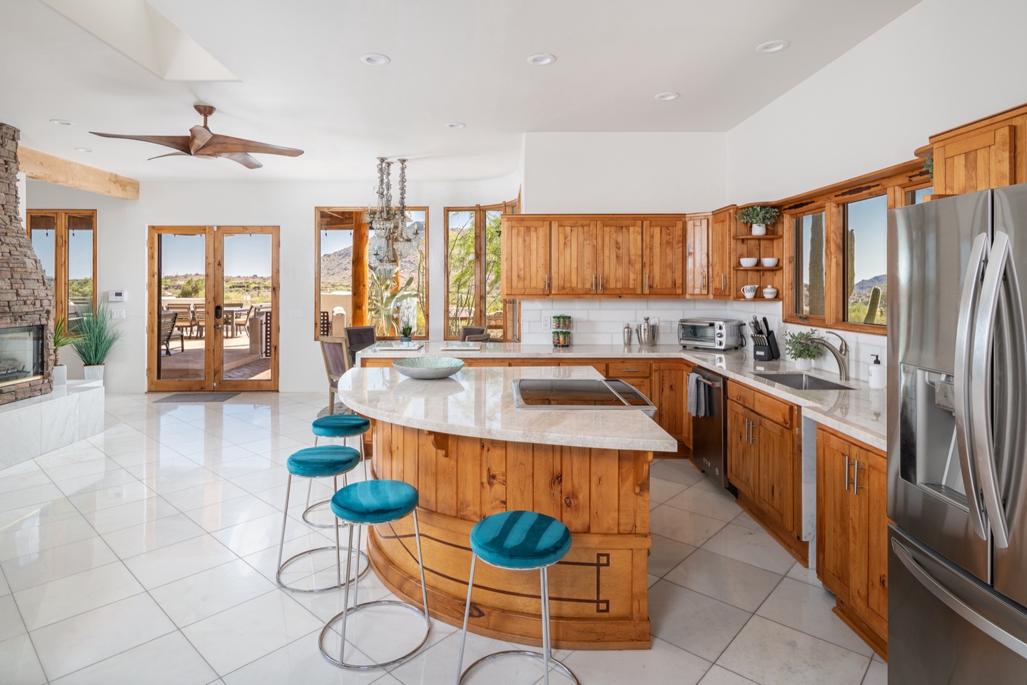 Fully stocked kitchen with bar seating