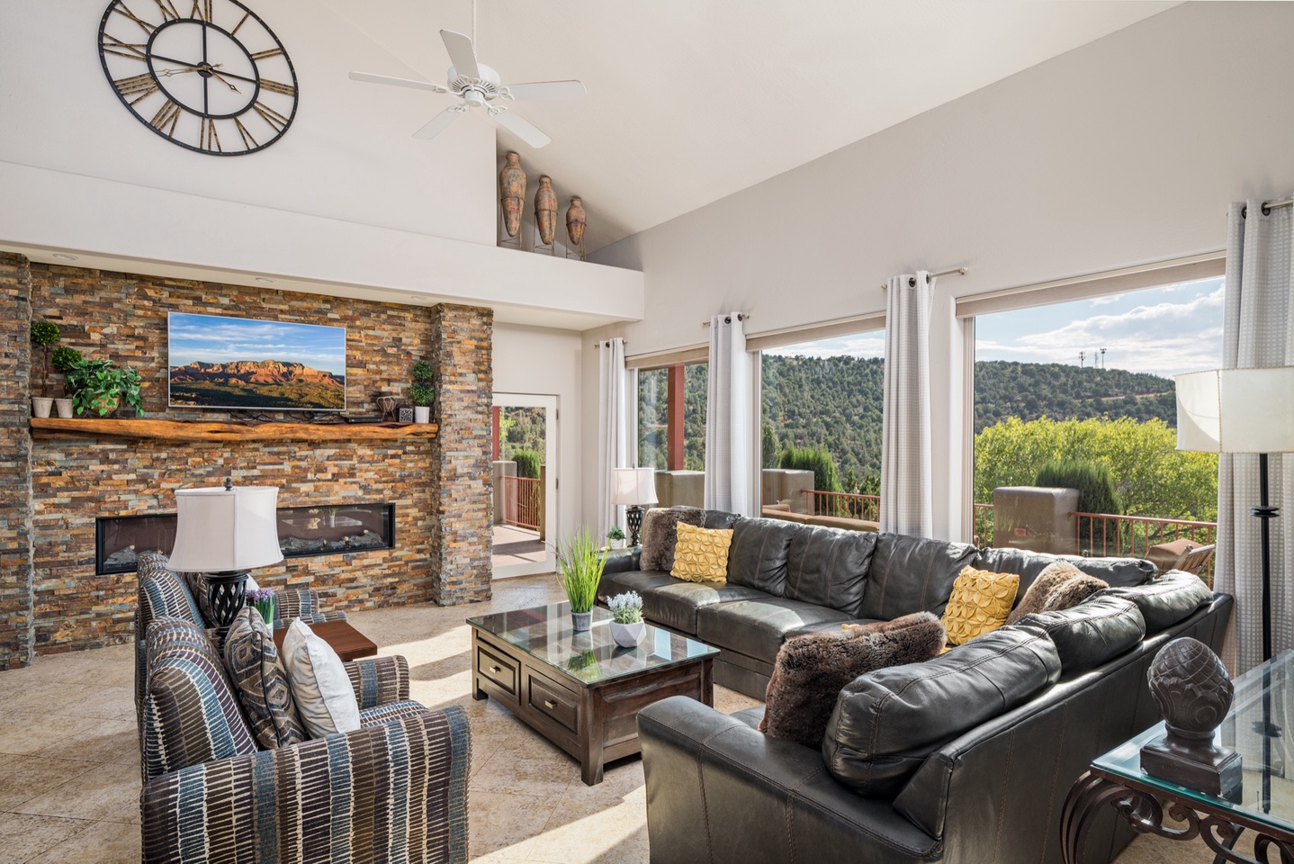 Spacious living room with wall TV