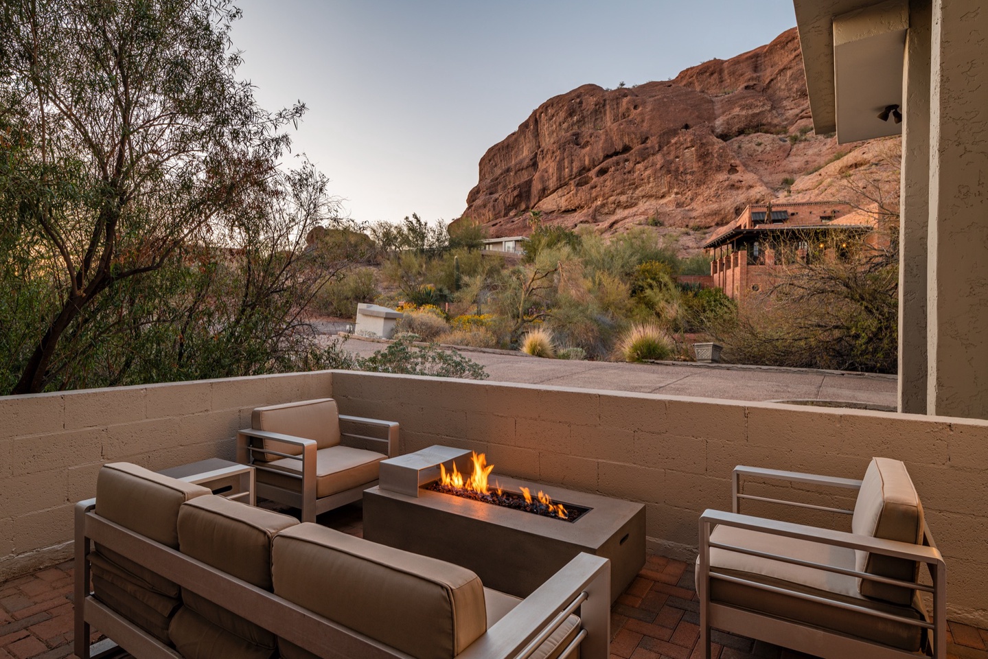 Patio area with additional fire-pit and view