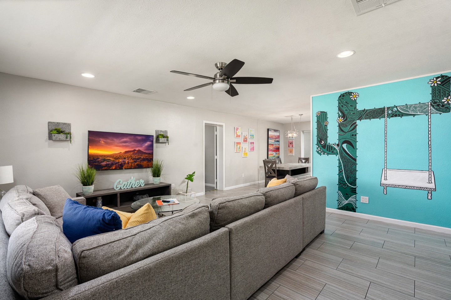 Spacious living room with smart TV